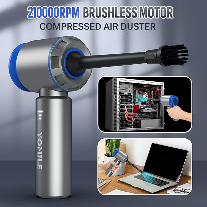 Compressed air Duster, Yomile 2 in 1 180000RPM Cordless Air Duster with Mini Car Vacuum, 9000mAh Battery Dust Blower for Keyboard Cleaner,Rechargeable Air Blower AIC Can for Office Computers