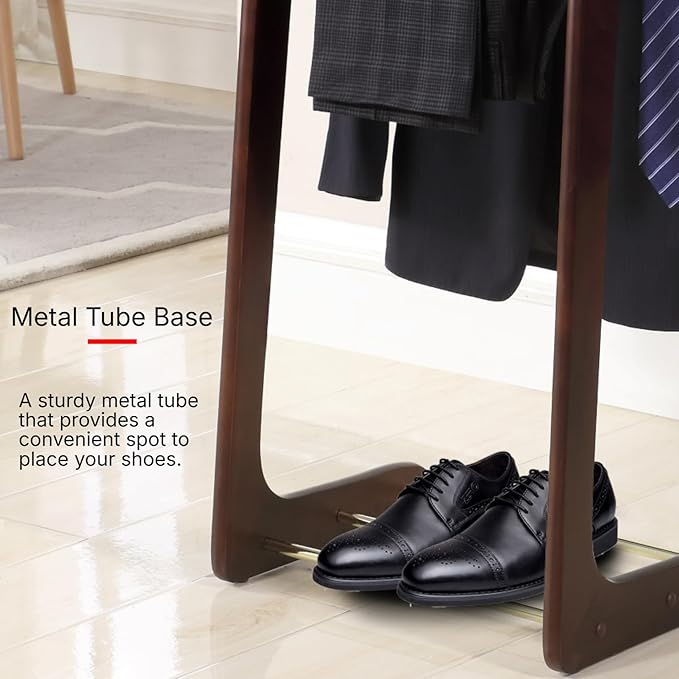 Proman Products Windsor Suit Valet Stand VL16001 with Top Tray, Contour Hanger, Trouser Bar, Tie & Belt Hooks and Shoe Rack, 17"W x 14"D x 40"H, Dark Walnut