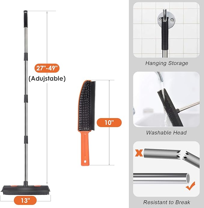 Conliwell Rubber Broom Carpet Rake for Pet Hair, Fur Remover Broom with Squeegee, Portable Detailing Lint Remover Brush (Stainless 4 Steel Handle)