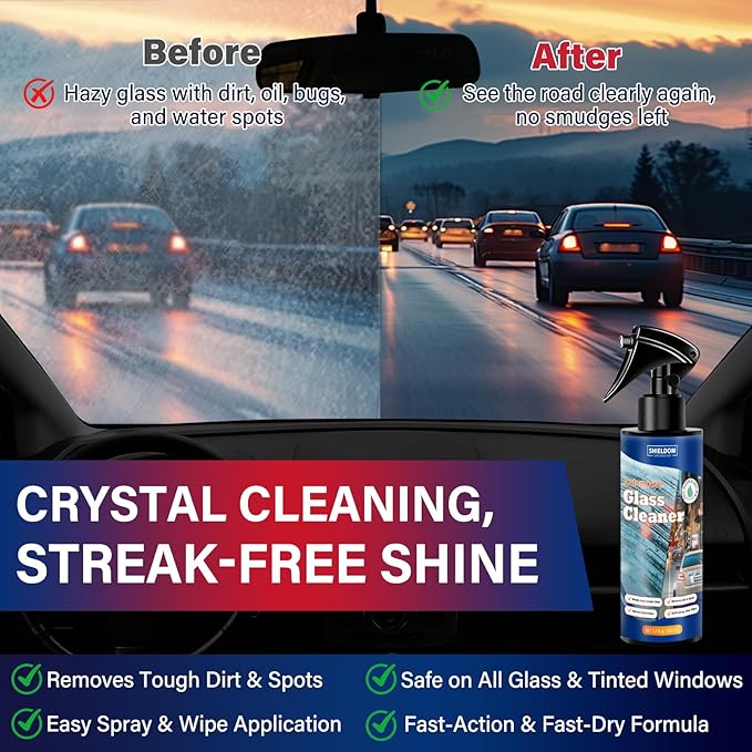 Car Glass Cleaner & Water Repellenet, Windshield Rain Repellent Streak-Free Water Spot Remover Hydrophobic Coating Protecting Against Stains Safe on Glass, Tinted Windows & Mirrors- Pack of 2