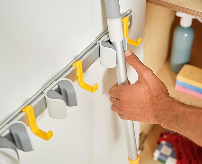Joseph Joseph CleanTech Cleaning Utility Tool Storage Rail, Organizer Rack with 3 Adjustable Grips and 3 Hooks, Screws Included