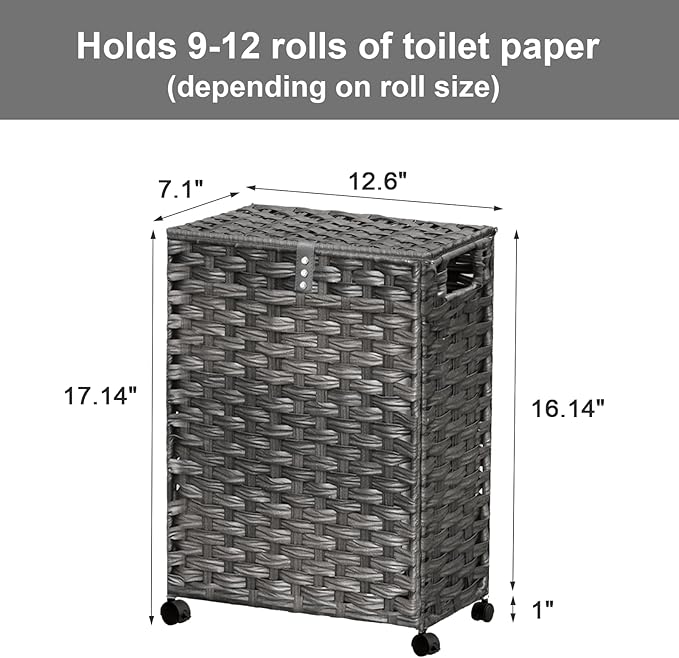 Hiagnete Toilet Paper Storage Basket with Lid and Wheels, Rattan Toilet Paper Holder Storage, Toilet Paper Organizer for Bathroom, Bedroom, Kitchen, 12.6”L x 7.1”W x 17.14”H, Grey