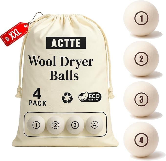 Wool Dryer Balls Laundry, XXL(3.1") 4 Pack, Premium Fabric Softener Ball, Reusable, Anti Static, Chemical Free Natural Wool Balls for Dryer, Laundry Dryer Balls – 100% New Zealand Wool