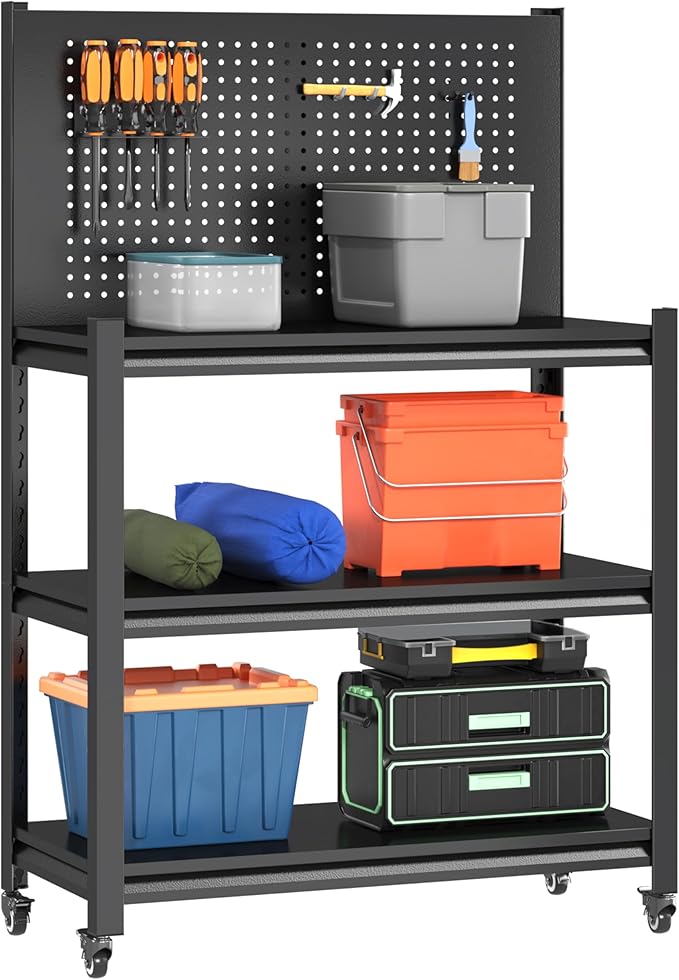 48" Adjustable Workbench with Pegboard,Heavy Duty Steel Work Bench with Lockable Wheels,Metal Rolling Work Table,3-Tier Metal Tool Storage Bench for Garage,Warehouse,Workshop, Home,Basement