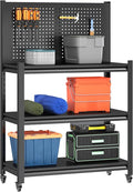 48" Adjustable Workbench with Pegboard,Heavy Duty Steel Work Bench with Lockable Wheels,Metal Rolling Work Table,3-Tier Metal Tool Storage Bench for Garage,Warehouse,Workshop, Home,Basement