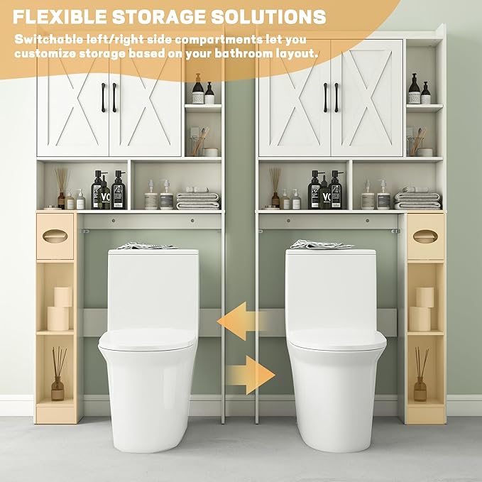 Over The Toilet Storage Cabinet, 32" W Over Toilet Bathroom Organizer with Toilet Paper Holder Stand, Home Space-Saving Toilet Rack for Bathroom, Restroom (2 Barn Doors+Open Shelf, White)