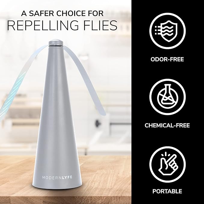 Fly Fans for Tables by Modern Lyfe - AA Battery & USB Powered - Fly Swatter Outdoor Camping Accessory Or for Food at Parties, Restaurants & Picnics, Bug Fan, Spinner Keeps Flies Away (1 Pack - Grey)