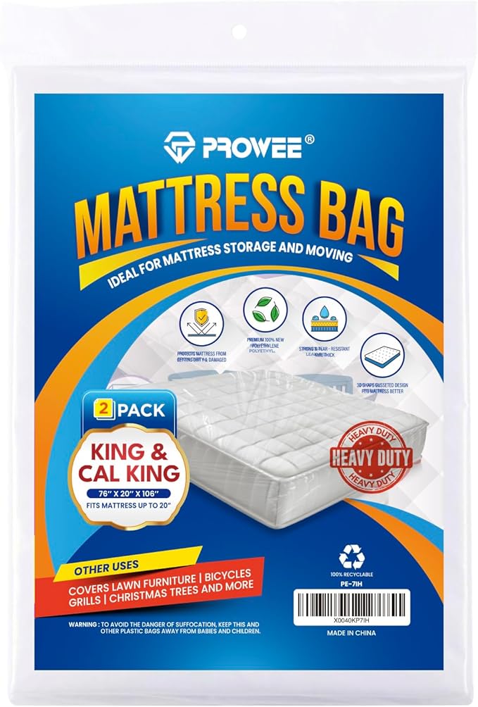 2 Pack Heavy-Duty 4 Mil King/Cal King Mattress Bag for Moving and Storage, Clear Plastic Mattress Cover, Fits Up to 20” Thick