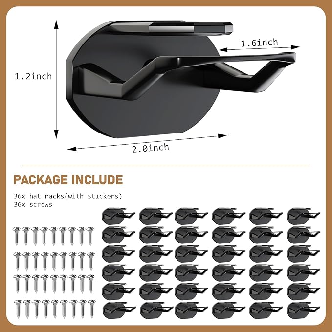 36 Pack Adhesive Hat Hooks for Wall, Super Strong Hat Rack for Baseball Caps, Hat Organizer Display for Home Decor, Hat Hangers Holder for Wall, Door, Closet, No Drilling - USA Patented (Black)