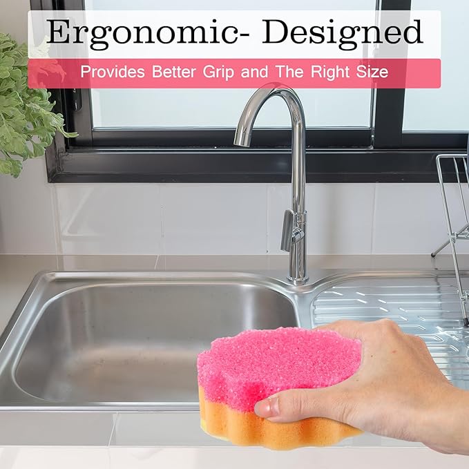 3 Pcs Dual Sided Scrub Sponge Multi Functional Cute Temperature Sensitive Non Scratch Dish Sponge for Washing Dishes Kitchen Bathroom(Flower,Pink)