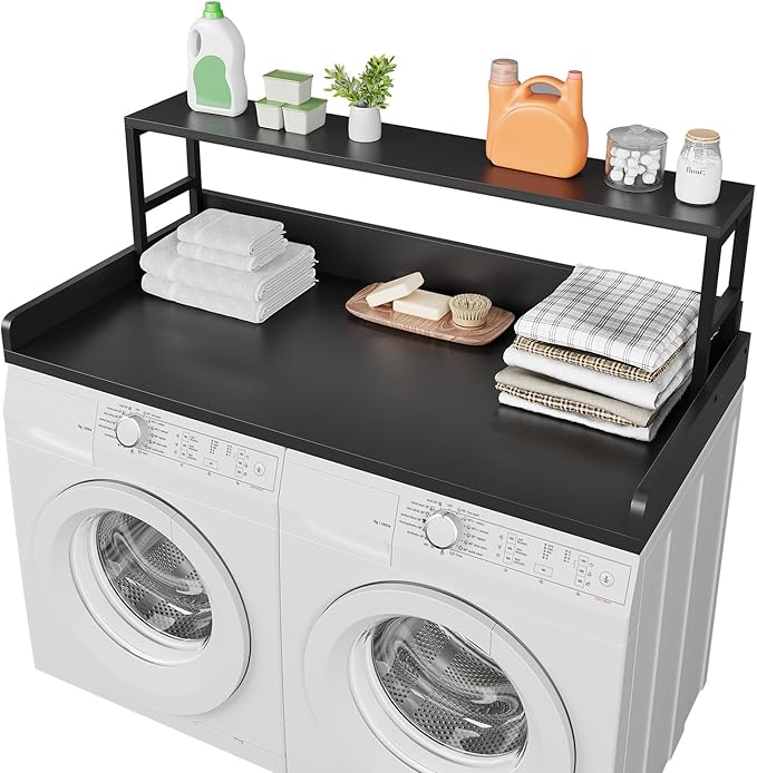 Washer Dryer Countertop with Shelf, 27.5″D x 54″W x 16.7″H, Countertop for Washer and Dryer Top with Non-Slip Pads and Edge Rails, Laundry Room Storage and Organization(Black)