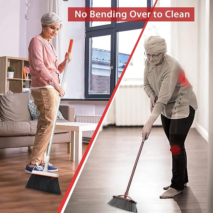 JEHONN Broom and Dustpan Set for Home, Long Handle Lightweight 180 Degree Rotating Broom Set Indoor, Upright Standing Dust Pan with Comb Teeth, Store Sweep Set for Room Kitchen Office (Grey & Red)