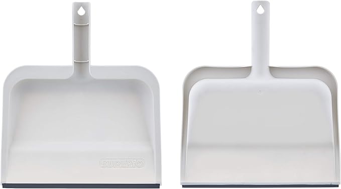 Superio Clip-On Dustpan with Rubber Lip - 10-inch Wide Durable Plastic Dust Pan with Comfort Grip Handle, White, 2-Pack