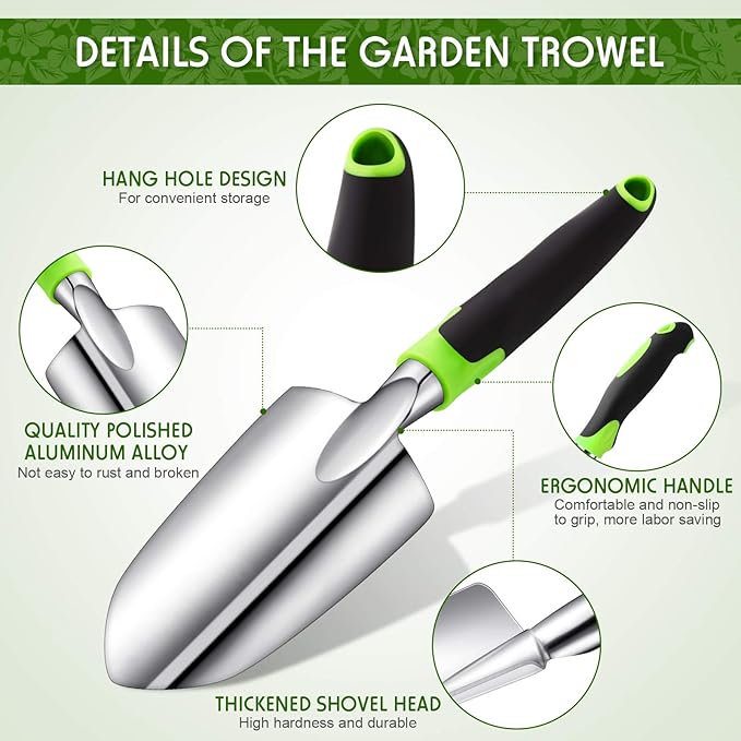 Honoson Garden Hand Trowel Transplant Trowel with Measurements Aluminum Alloy Planting Tools with Rubber Handle Small Gardening Hand Tools Shovels for Gardening Cultivating Transplanting Supplies