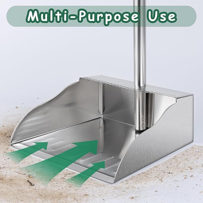 Dust Pans with Long Handle,Heavy Duty Metal Dust Pan with Handle,Upright Stand Up Dustpan with Dust Pan Teeth to Clean Hair for Home Kitchen Office Lobby Floor Garden