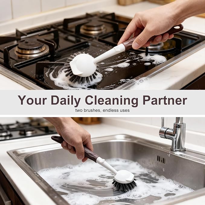 Dish Brush, 2 Pack with Comfortable Handle, with Built-in Scraper, Scrub Brush with Medium Firm bristles for Cleaning Dishes, Sink, Pots (Brown)