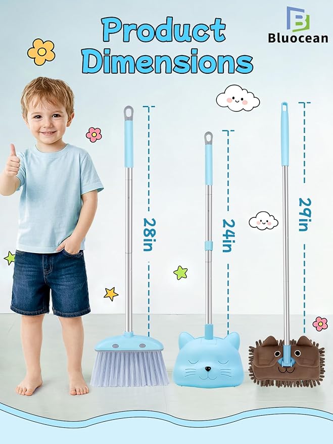 28'' Kids Mini Broom with Dustpan & Mop Set - Toddler Cleaning Toy, Toddler Household Helper, Parent-Child Interactive Play Cleaning Tool, Cute Cartoon Design, Small Safe Corner Broom (Blue)