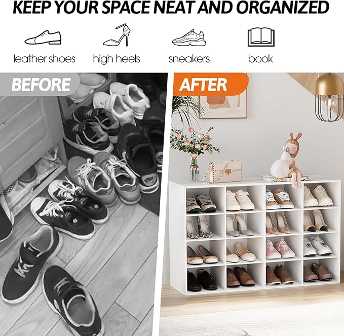 Garden 4 you Shoe Storage Bench, Cubby Shoe Rack with 16 Cubbies, 4-Tier Wood Shoe Rack Organizer, Shoe Organizer Cabinet for Entryway, Hallway, Closet and Garage, White
