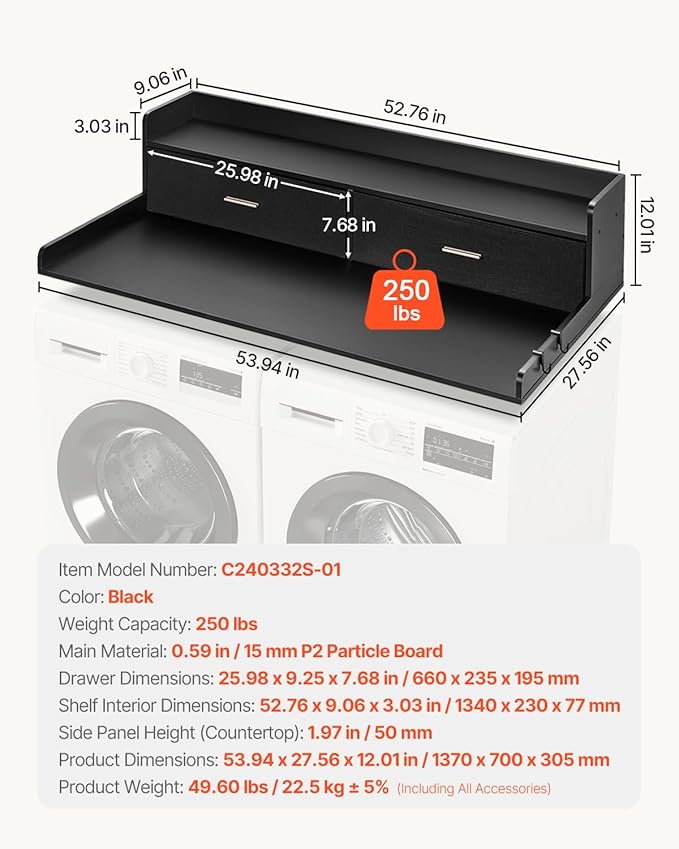 VEVOR 2 Drawers Washer Dryer Countertop with Shelf, 54" x 27" Wooden Laundry Countertop with 2 Hooks & Non-Slip Pads, Washer and Dryer Covers for The Top, Laundry Room Organization and Storage, Black