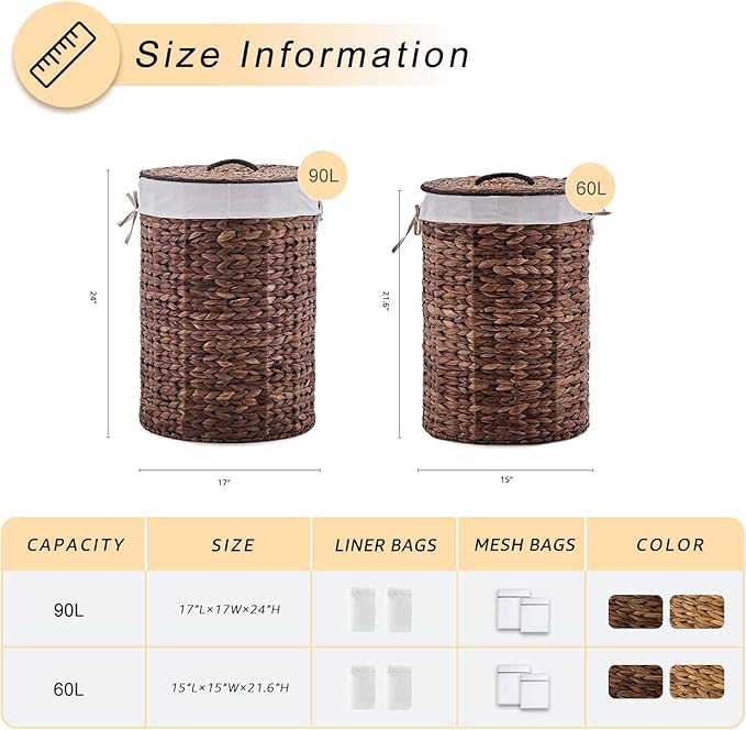 Round Water Hyacinth Laundry Hamper with Lid Handwoven Wicker Basket with Handles for Dirty Clothes, Storage, and Organization Ideal for Bedroom, Bathroom, and Laundry Room, No Assembly Required, 2Pcs