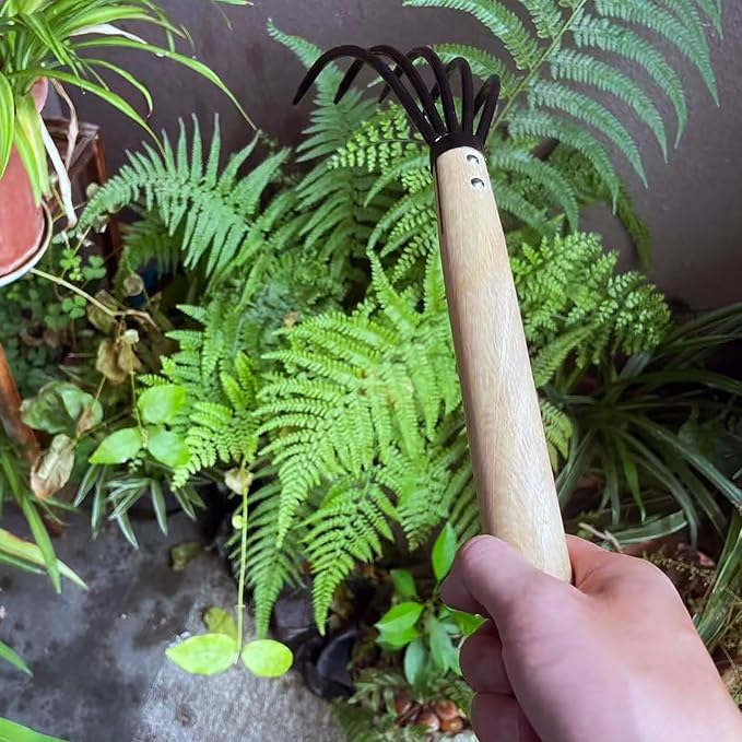 15"Garden rake, 5-Prong Steel Leaf Rake with Solid Wood Handle for Gardening, Beach Combing & Soil Loosening