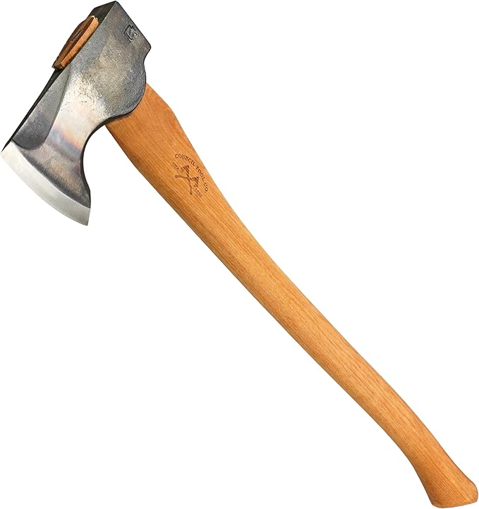 COUNCIL TOOL Wood-Craft Pack Axe - 2 lb Camping Axe, 24" Curved Hickory Handle with Leather Sheath, Made in The USA - WC20PA24C