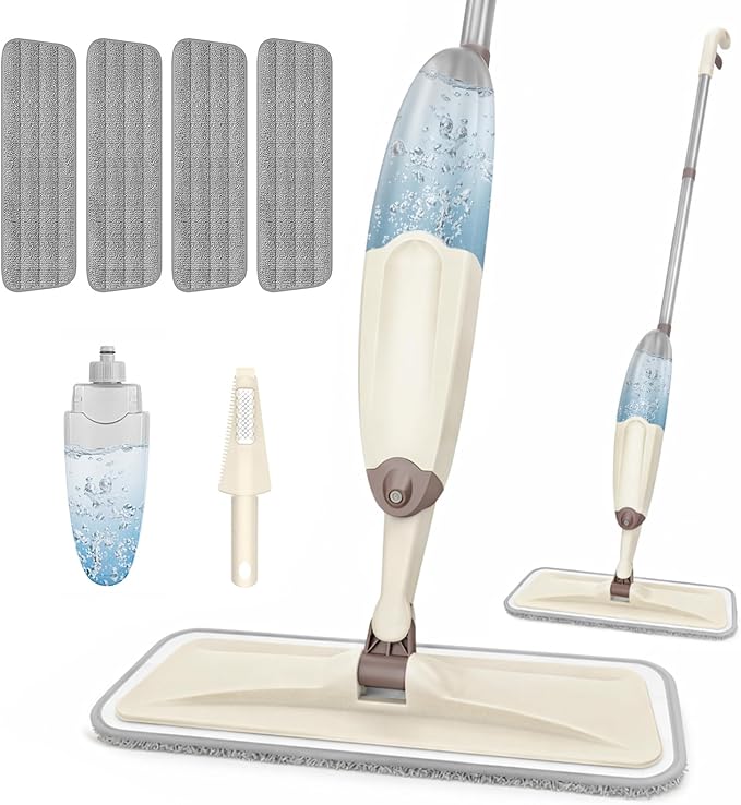 HOMTOYOU Wet Mop for Floor Cleaning: Microfiber Spray Mop with 4 Washable Pads for Cleaning Home Kitchen Multi-Surface Floors - 1Pcs 400+ML Refillable Bottle