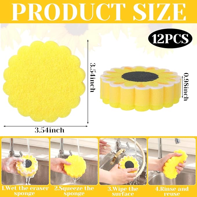 Tioncy 12 Pack Sunflower Kitchen Sponges Bulk Dual Sided Scrubber Yellow Sunflower Sponges Dishwashing Kitchen Cleaning Accessories for Funny Christmas Holiday Household Supplies