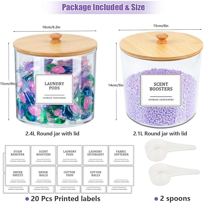 2 Pack Laundry Pods Container,Clear Laundry Room Organization Containers,Large Laundry Detergent Powder Storage Containers with Bamboo Lids & Labels for Scent Booster,Powder,Pods