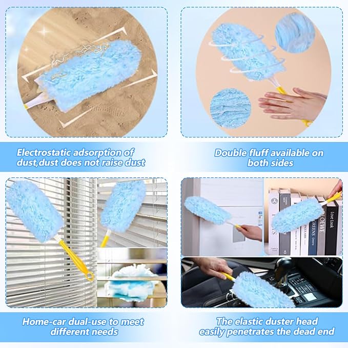50 Pcs Duster Refills, 360° Dust Removal Brush Disposable Replacement Head with 1 Short & 1 Extendable Handle, Polyester Fiber for Electronics, Furniture, Blinds, Ceiling Fans, Walls