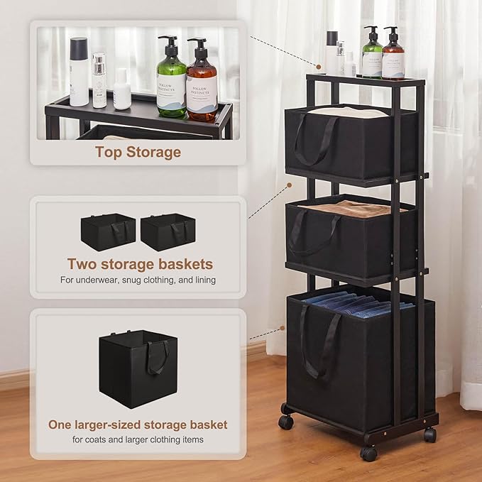 Homde Laundry Basket 3 Tier Bamboo Storage Shelf with Wheels Removable Storage Basket with Handle Freestanding Clothes Hamper Organizer for Bathroom Living Room Bedroom (Black)