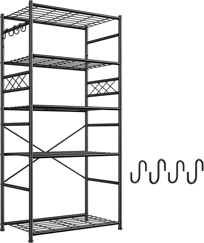 DurayLoly Storage Shelves 5 Tier Capacity,Metaling Shelving with Hooks,Heavy Duty Garage Shelves Unit with Leveling Feet,Wire Shelving for Pantry,Kitchen and Closet,23.6" W x 13.8" D x 72.4" H,500lbs