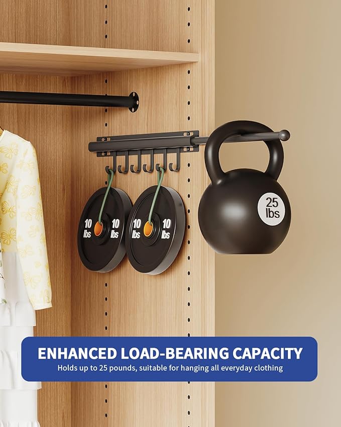 BaiNong 16.5" Valet Rod for Closet Pull Out With 6 Hooks Valet Rods for Closets (2Pack Black) Closet Valet Rod Slide Out