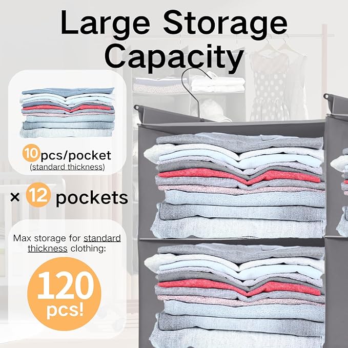 ALLTIDYUP Space-Saving Hanging Closet Storage Organizer – Dual-Row Foldable Shelves with 3 Hooks, 6-Tier Wardrobe Organizer for Dorm, Bedroom, Closet (Grey)