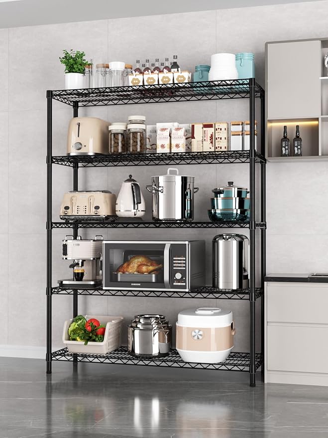 Golpart 5 Tier Adjustable Storage Shelves Heavy Duty Metal Utility Shelf 1750LBS Capacity Wire Shelving Unit Organizer Rack for Home Kitchen Garage Pantry Room 18" D x 46" W x 77" H Black