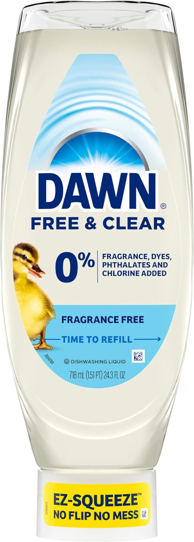 Dawn Free & Clear EZ-Squeeze Dish Soap Liquid, Dishwashing Liquid, Grease Removal, Upside Down Bottle, Unscented, 24.3 Fl Oz