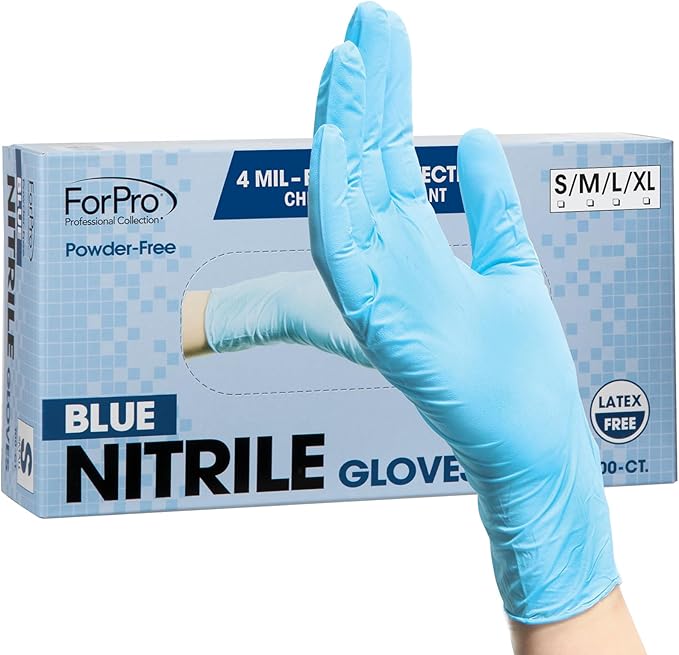 ForPro Disposable Nitrile Gloves, Chemical Resistant, Powder-Free, Latex-Free, Non-Sterile, Food Safe, 4 Mil