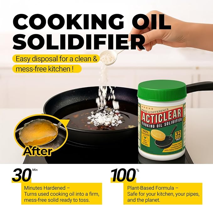 Cooking Oil Solidifier - 22oz (64 Cups) Algae-Based Grease Hardener for Easy Disposal, Turns Used Cooking Oils to Solid Waste, Kitchen Fry Oil Solution (4.4 Gallons)