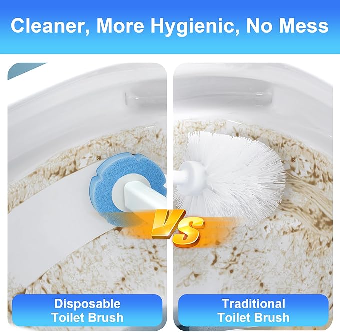 JOYMOOP White Flat Mop & Bucket with 1 Microfiber Pad, 12 Disposable Toilet Brushes, Stainless Steel Toilet Brush and Holder Set, Multi-Functional Cleaner for Floors, Windows, and Toilets