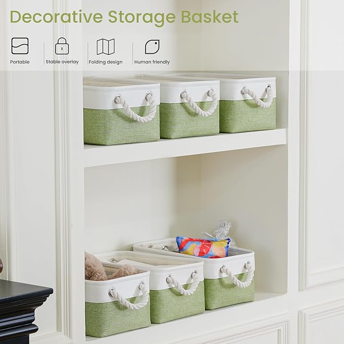 Storage Baskets for Shelves 11.8x7.9x5.2 Inch-Foldable Fabric Organizing Storage Bins with Handles, Closet & Bathroom Organizer, Home Storage for Kitchen, Office (3-Pack, White&Green)