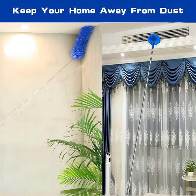 Cobweb Duster with Extension Pole, Washable Cleaning Duster Kit with 3 Duster Heads, Cobweb Duster, Corner Brush, 15-100 Inch Long Aluminum Telescoping Pole for Ceiling Fan (Blue)
