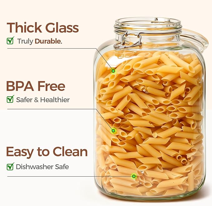 ComSaf Set of 2 Square Glass Jars, 1.1 Gallon (4L) Large Airtight Canisters for Bulk Food Storage, Flour, Rice, Fermenting, Wide Mouth, Space Saving