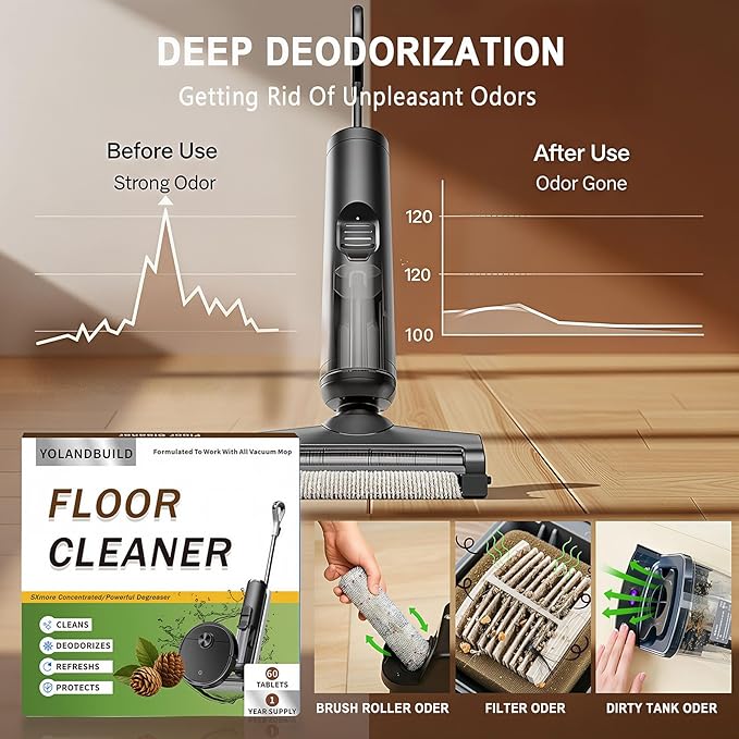 Multi-Surface Floor Cleaning Solution Compatible with Tineco/Roborock Vacuum Mop, Cleaner Refill for All Mopping Robot Vacuums and Cordless Wet/Dry Mops,60 Pack, Pine Fragrance