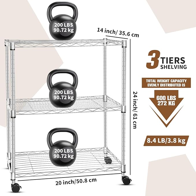 Whitmor 3 Tier Storage Shelving, Heavy Duty with Wheels, Adjustable Steel Organizer, 400 lbs Capacity per Shelf, Max 1200 lbs Total for Garage, Kitchen, Bathroom, 20" L x 14" W x 24" H, Chrome