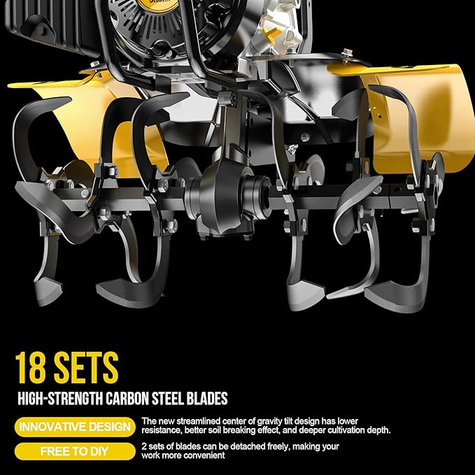 BLUBERY Tiller Cultivator,20” Heavy Duty Front Tine Tiller 3.0 HP & 4 Stroke 18 Sets of Blades,Suitable for Gardens and lawns,Digging, Reclamation,Root Removal, Weeds, Soil Cultivator etc