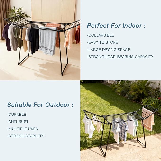 Clothes Drying Rack, with Sock Clips & with Buckle, Metal Laundry Rack, Foldable Gullwing Design, Free-Standing Laundry Airer Space-Saving, Free-Standing Airer, Indoor Outdoor Use, Black