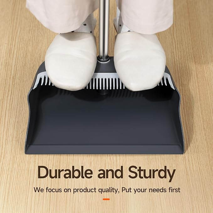 CTIME Broom and Dustpan Set, Extra Brush Head & 52" Adjustable Long Handle Standing Dustpan Set, with Dust Pan Teeth to Clean Pet Hair, Easy Sweeping Suitable for Home Kitchen Office Lobby
