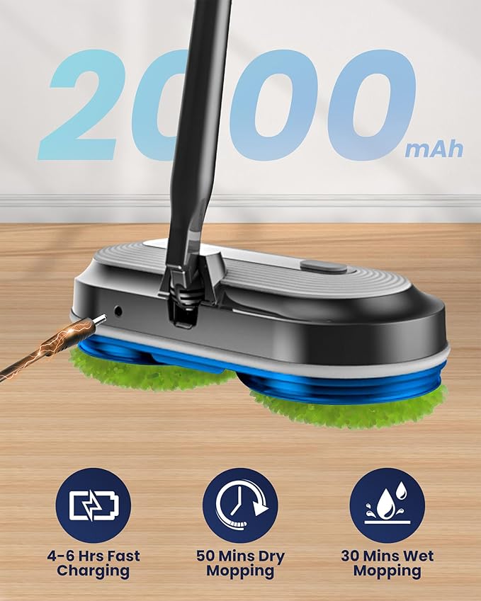Cordless Electric Mop, Electric Spin Floor Mop with LED Headlights & Water Sprayer, Long-Lasting Battery, Large 290ml Tank, Self-Propelled Floor Cleaner with Adjustable Tube for All Floors