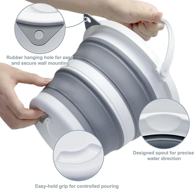 Small Collapsible Bucket 1.3 Gal/5L, BPA-Free - Space-Efficient, Portable Foldable Water Pail for Household, Outdoor Use, Car Wash, Camping, Fishing - Grey, Single Pack