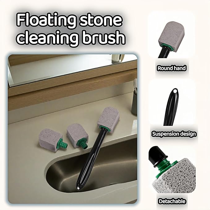 Pumice Toilet Bowl Cleaning Stone with Handle, Replaceable Heads, Natural Pumice Scrubber for Hard Water Stains, Multi-Surface Safe, 9.5 Inch, 3 Refills Included